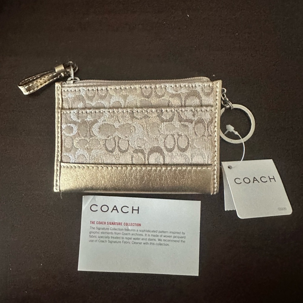 NWT Coach Gold Metallic Signature Card Case with Key Ring